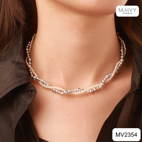 MV2354 -Set Dây chuyền 2 sợi ngọc trai trắng mix ngọc trai xám đan xéo sz 5mm mix bông tai chùm