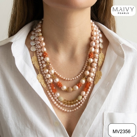 MV2356 - Dây chuyền ngọc trai nhiều sợi mix san hô đỏ và charm bạc 925 mạ vàng 18k
