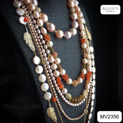 MV2356 - Dây chuyền ngọc trai nhiều sợi mix san hô đỏ và charm bạc 925 mạ vàng 18k