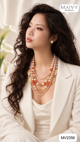 MV2356 - Dây chuyền ngọc trai nhiều sợi mix san hô đỏ và charm bạc 925 mạ vàng 18k