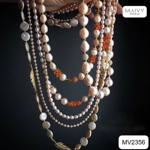 MV2356 - Dây chuyền ngọc trai nhiều sợi mix san hô đỏ và charm bạc 925 mạ vàng 18k