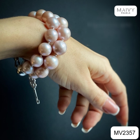 MV2357 - Set ngọc trai tròn hồng ánh tím gồm dây chuyền/lắc tay 2 sợi/bông tai