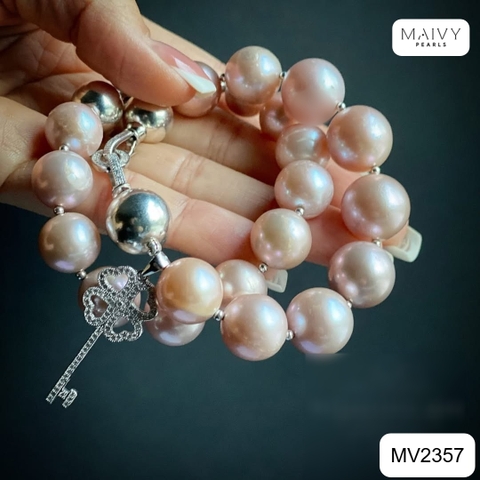 MV2357 - Set ngọc trai tròn hồng ánh tím gồm dây chuyền/lắc tay 2 sợi/bông tai