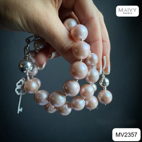 MV2357 - Set ngọc trai tròn hồng ánh tím gồm dây chuyền/lắc tay 2 sợi/bông tai