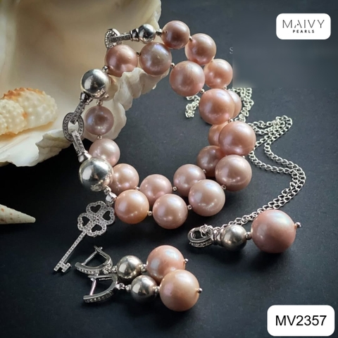 MV2357 - Set ngọc trai tròn hồng ánh tím gồm dây chuyền/lắc tay 2 sợi/bông tai
