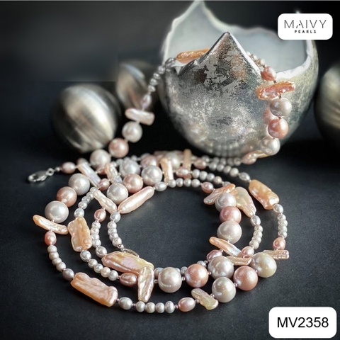 MV2358 - Set dây chuyền và lắc tay nhiều sợi nhiều màu và nhiều loại trai gồm dây chuyền/lắc tay