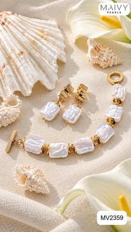 MV2359 - Set lắc tay bông tai ngọc trai baroque vuông màu trắng mix charm bạc 925 mạ vàng 18k