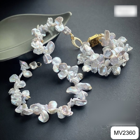 MV2360 - Set dây chuyền và lắc tay đôi Ngọc Keshi trắng lá to