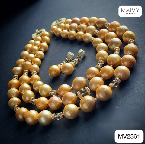 MV2361- Set dây chuyền 3 sợi trai vàng mix charm và bông tai