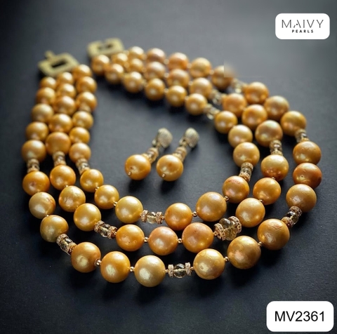 MV2361- Set dây chuyền 3 sợi trai vàng mix charm và bông tai