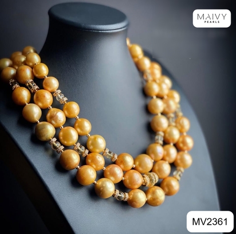MV2361- Set dây chuyền 3 sợi trai vàng mix charm và bông tai
