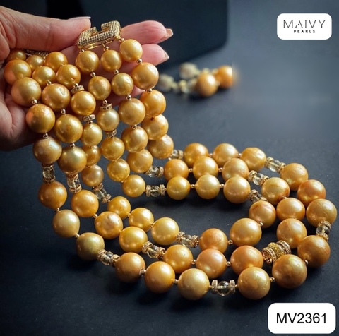 MV2361- Set dây chuyền 3 sợi trai vàng mix charm và bông tai