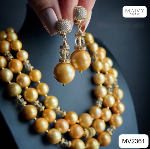 MV2361- Set dây chuyền 3 sợi trai vàng mix charm và bông tai