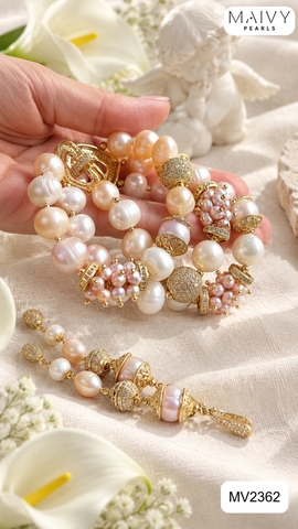 MV2362- Set lắc tay 3 sợi và bông tai Pearl De Lune
