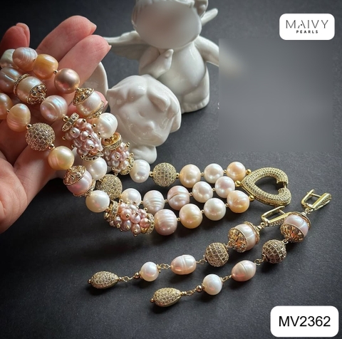 MV2362- Set lắc tay 3 sợi và bông tai Pearl De Lune