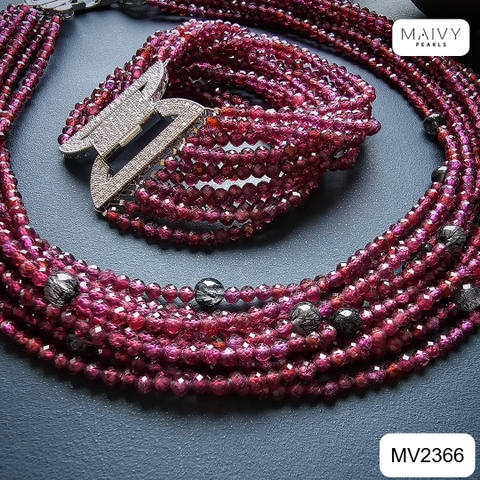 MV2366 - Set dây chuyền và lắc tay 10 sợi thạch lựu mix pha lê đen