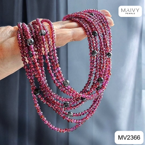 MV2366 - Set dây chuyền và lắc tay 10 sợi thạch lựu mix pha lê đen