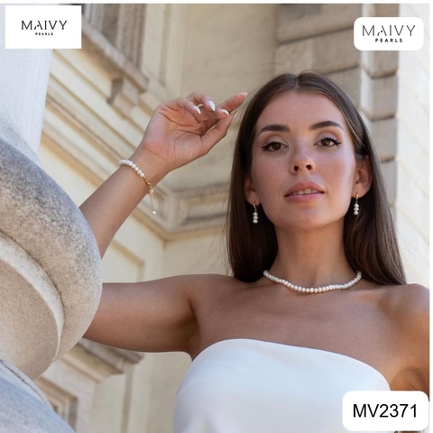 MV2371 - Set ngọc trai gạo size 4mm màu trắng gồm dây chuyền, lắc tay, bông tai