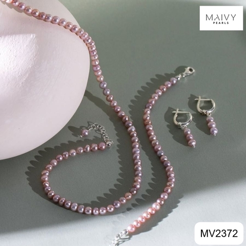 MV2372 - Set ngọc trai gạo size 4mm màu hồng ánh tím gồm dây chuyền, lắc tay, bông tai