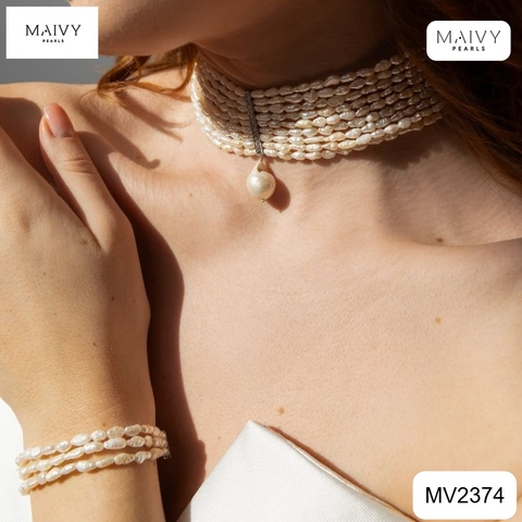 MV2374 - Set ngọc trai gạo màu trắng gồm dây chuyền nhiều sợi mặt ngọc trai baroque và lắc tay nhiều sợi