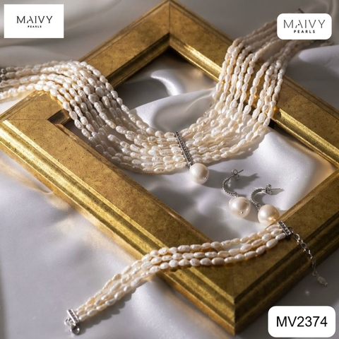 MV2374 - Set ngọc trai gạo màu trắng gồm dây chuyền nhiều sợi mặt ngọc trai baroque và lắc tay nhiều sợi