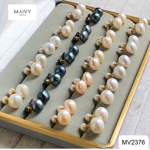 MV2376 - Bông tai ngọc trai nụ 2 đầu đầu to 10-13mm dầu nhỏ 5-6mm gồm màu trắng, vàng, lông công