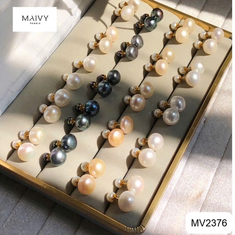 MV2376 - Bông tai ngọc trai nụ 2 đầu đầu to 10-13mm dầu nhỏ 5-6mm gồm màu trắng, vàng, lông công