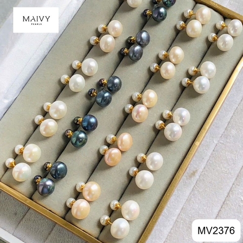 MV2376 - Bông tai ngọc trai nụ 2 đầu đầu to 10-13mm dầu nhỏ 5-6mm gồm màu trắng, vàng, lông công