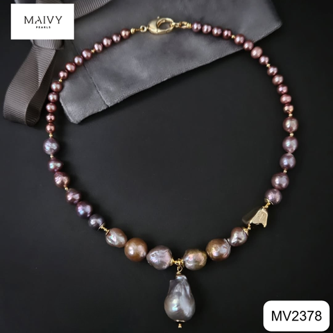 MV2378- - Set ngọc trai baroque màu hồng ánh tím nhiều size gồm dây chuyền và lắc tay 3 sợi