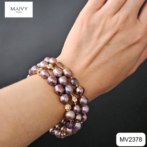 MV2378- - Set ngọc trai baroque màu hồng ánh tím nhiều size gồm dây chuyền và lắc tay 3 sợi