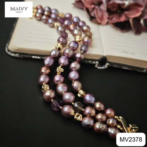 MV2378- - Set ngọc trai baroque màu hồng ánh tím nhiều size gồm dây chuyền và lắc tay 3 sợi