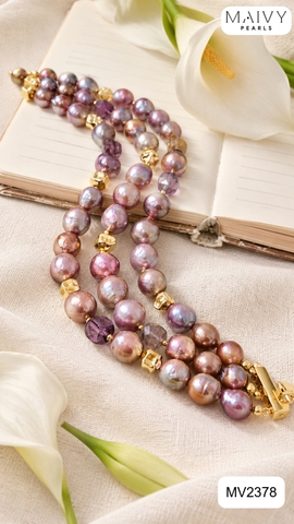 MV2378- - Set ngọc trai baroque màu hồng ánh tím nhiều size gồm dây chuyền và lắc tay 3 sợi