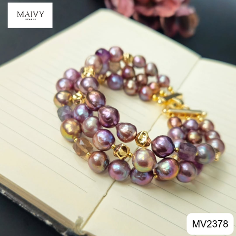 MV2378- - Set ngọc trai baroque màu hồng ánh tím nhiều size gồm dây chuyền và lắc tay 3 sợi