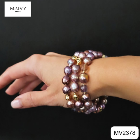 MV2378- - Set ngọc trai baroque màu hồng ánh tím nhiều size gồm dây chuyền và lắc tay 3 sợi