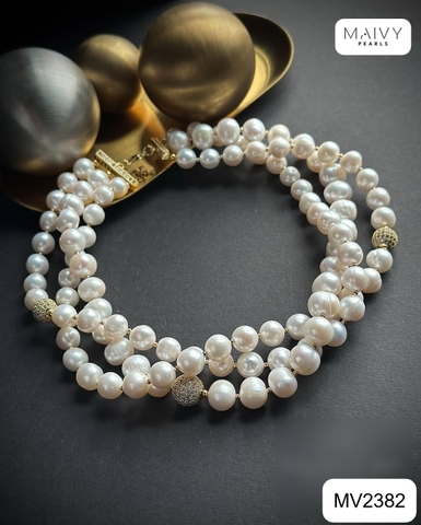 MV2382 - Dây chuyền ngọc trai tròn màu trắng 3 sợi đan xéo size 6-7mm