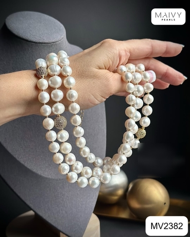 MV2382 - Dây chuyền ngọc trai tròn màu trắng 3 sợi đan xéo size 6-7mm