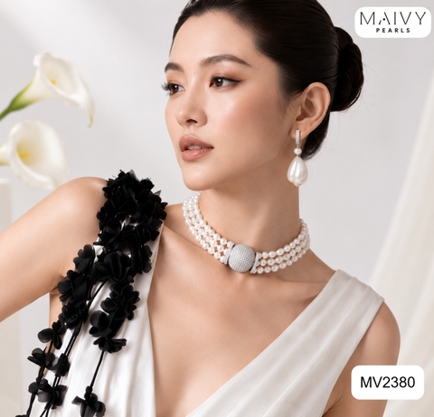MV2380 - Set lắc tay ngọc trai gạo 4 sợi màu cam,xám và bông tai ngọc trai barroque hồng ánh tím