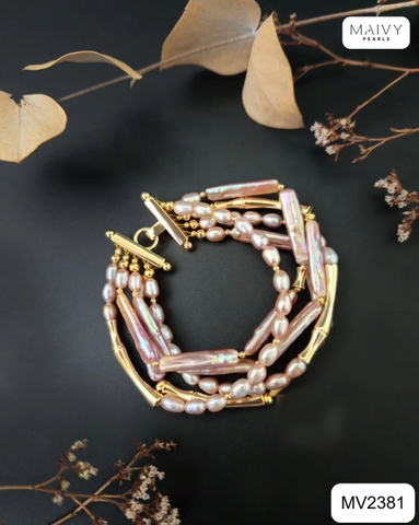 MV2381 - Lắc tay 5 sợi gồm ngọc trai gạo mix ngọc trai baroque hạt dài màu hồng ánh tím