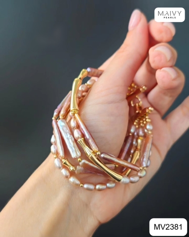 MV2381 - Lắc tay 5 sợi gồm ngọc trai gạo mix ngọc trai baroque hạt dài màu hồng ánh tím