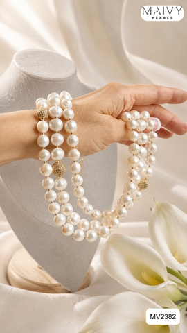 MV2382 - Dây chuyền ngọc trai tròn màu trắng 3 sợi đan xéo size 6-7mm