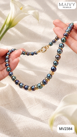 MV2384- Dây chuyền ngọc trai tròn màu lông công mix charm bạc 925 mạ vàng 18k có mặt thông minh tháo rời được