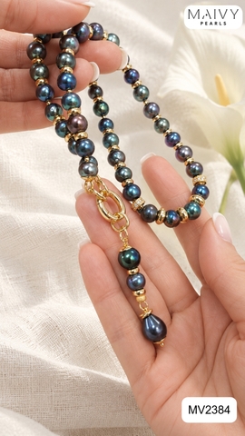 MV2384- Dây chuyền ngọc trai tròn màu lông công mix charm bạc 925 mạ vàng 18k có mặt thông minh tháo rời được