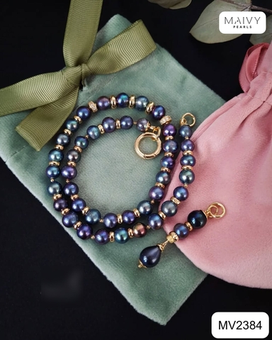 MV2384- Dây chuyền ngọc trai tròn màu lông công mix charm bạc 925 mạ vàng 18k có mặt thông minh tháo rời được
