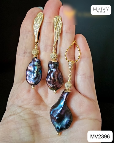 MV2396- Set dây chuyền và bông tai Baroque đen ánh tím