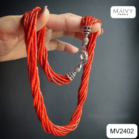 MV2402 - Dây chuyền san hô đỏ nhiều sợi đan xéo