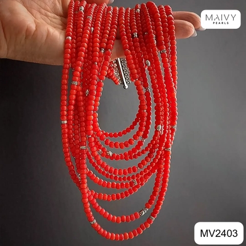 MV2403 - Dây chuyền san hô đỏ mix bi bạc 925 mạ vàng 18k nhiều sợi xếp tầng 2 kích thước dây sz hạt nhỏ và dây sz hạt toước dây size hạt nhỏ và dây s