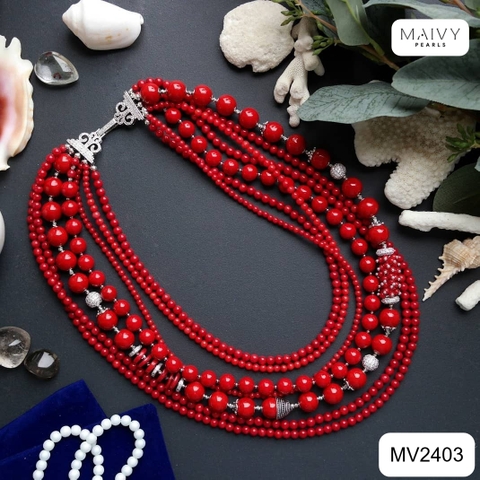 MV2403 - Dây chuyền san hô đỏ mix bi bạc 925 mạ vàng 18k nhiều sợi xếp tầng 2 kích thước dây sz hạt nhỏ và dây sz hạt toước dây size hạt nhỏ và dây s