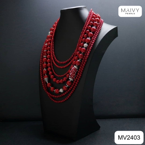 MV2403 - Dây chuyền san hô đỏ mix bi bạc 925 mạ vàng 18k nhiều sợi xếp tầng 2 kích thước dây sz hạt nhỏ và dây sz hạt toước dây size hạt nhỏ và dây s