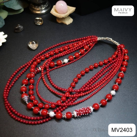 MV2403 - Dây chuyền san hô đỏ mix bi bạc 925 mạ vàng 18k nhiều sợi xếp tầng 2 kích thước dây sz hạt nhỏ và dây sz hạt toước dây size hạt nhỏ và dây s