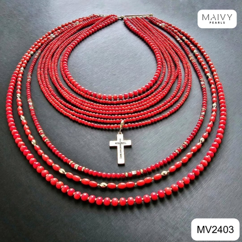 MV2403 - Dây chuyền san hô đỏ mix bi bạc 925 mạ vàng 18k nhiều sợi xếp tầng 2 kích thước dây sz hạt nhỏ và dây sz hạt toước dây size hạt nhỏ và dây s